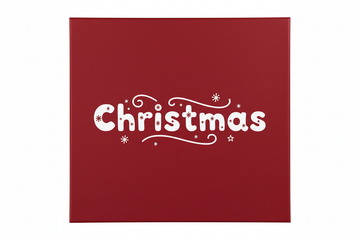 dark red square box that says Christmas in cute white text