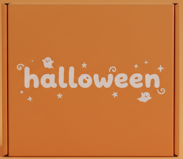 orange square box that says halloween in cute white text