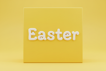 yellow square box that says Easter in cute white text